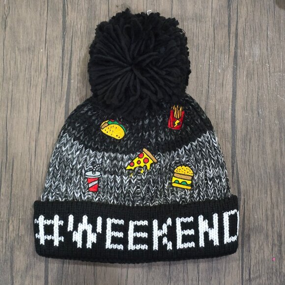 Children’s Place ✦ Weekend Knit Beanie ✦ Black Pom Pom Hat Food Patches Ages 4-7 - Picture 3 of 8